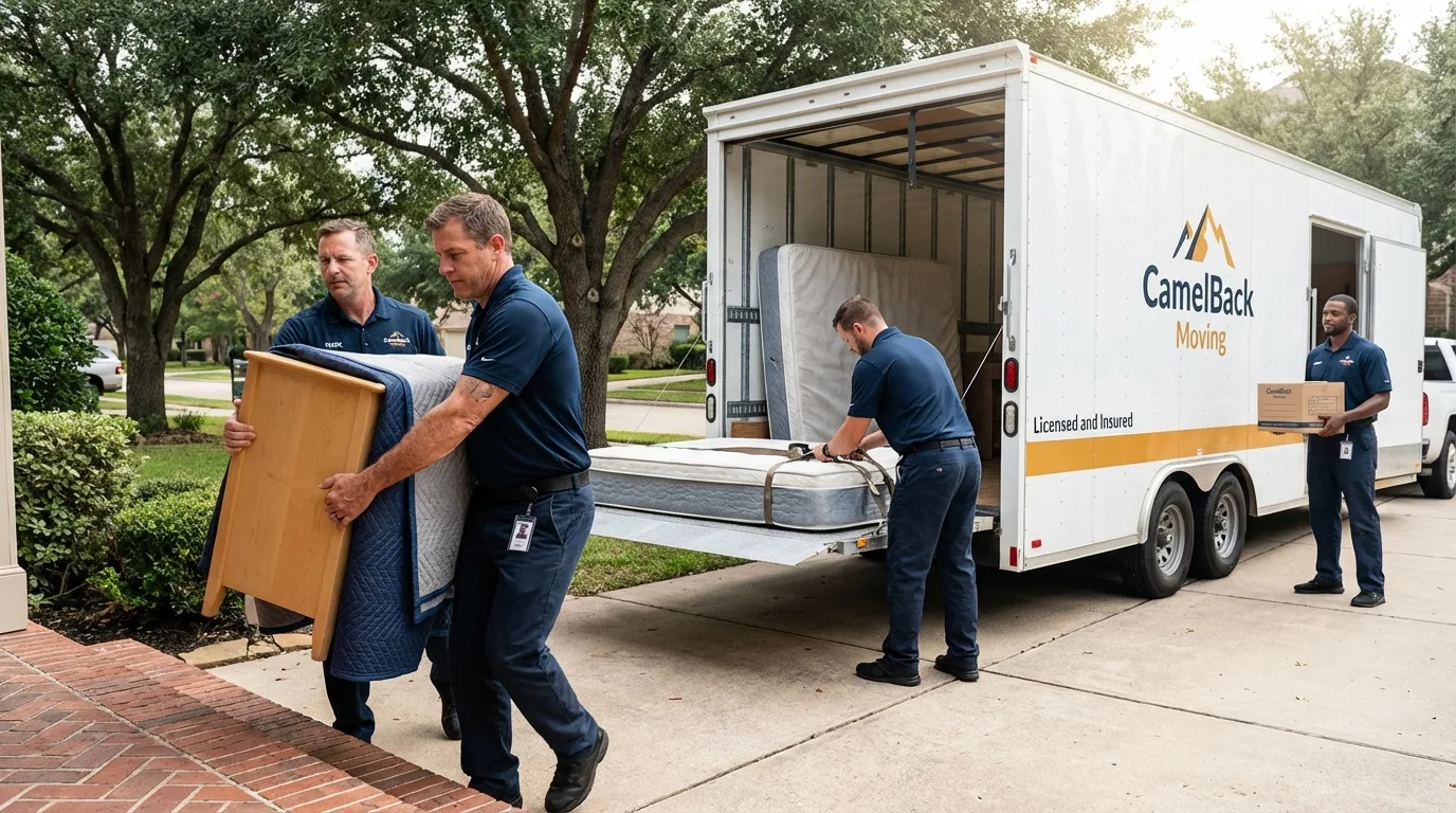 Crew loading residential truck for cross-state move from Rancho Cucamonga, CA