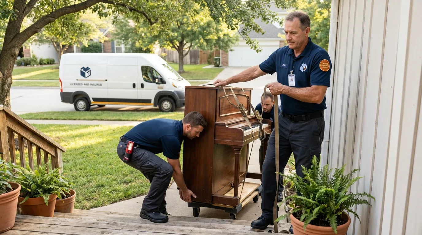 Licensed piano movers securing grand piano in Rancho Cucamonga, CA