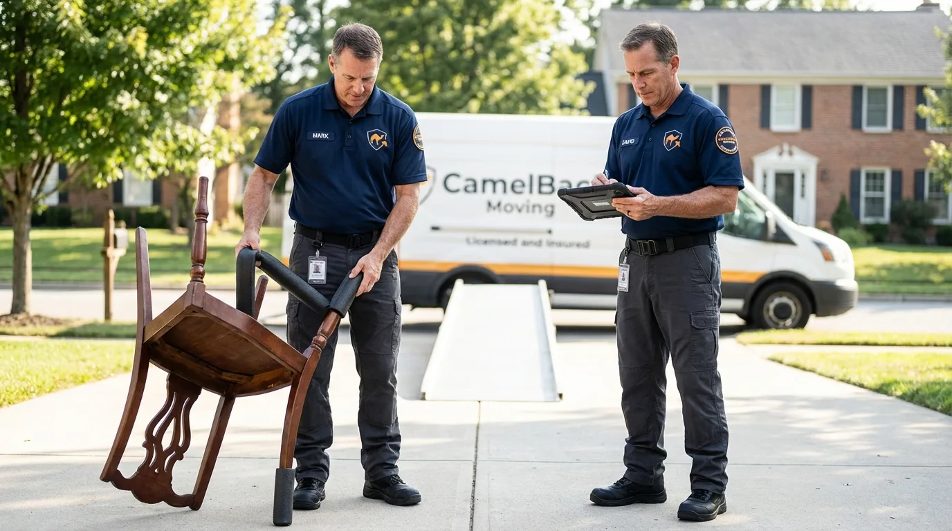 Movers inspecting furniture for damage prevention before loading in Rancho Cucamonga, CA