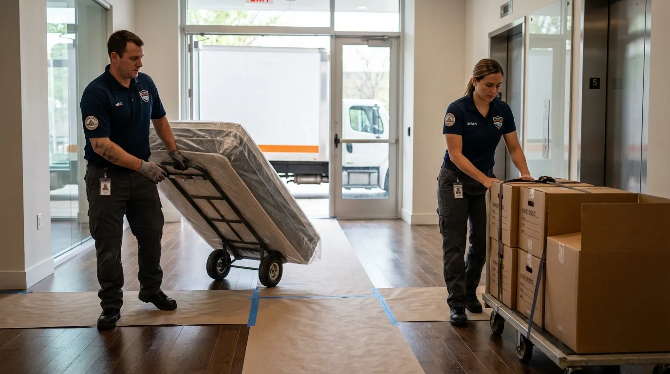 Professional apartment movers loading elevator in Rancho Cucamonga, CA
